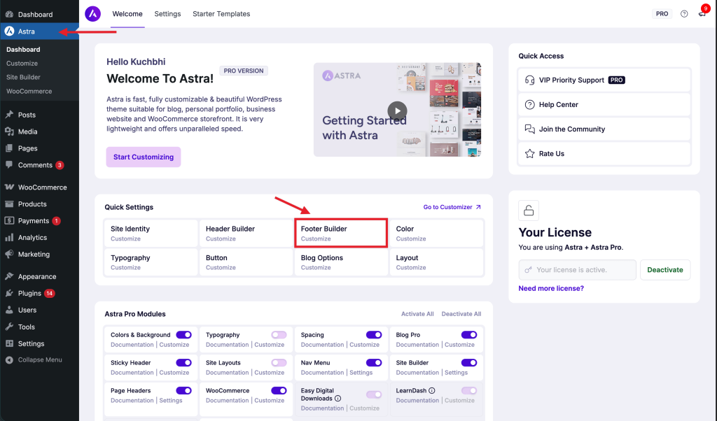 Astra > Customize > Footer Builder