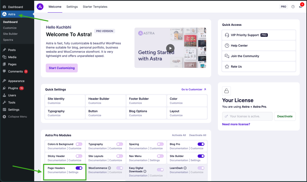Accessing Page headers from Astra dashboard