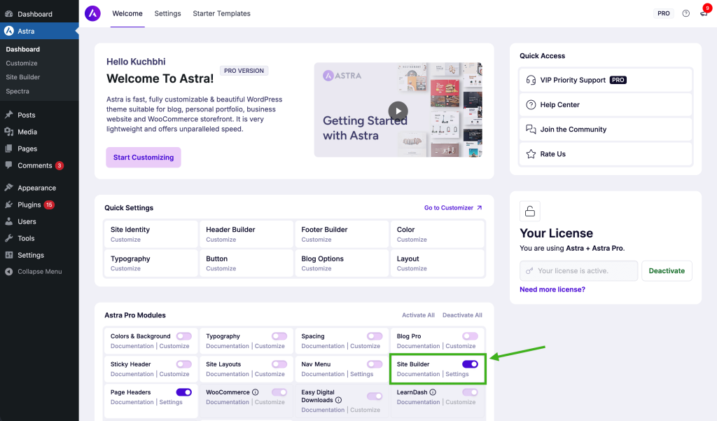 Activating Site Builder from Astra Dashboard