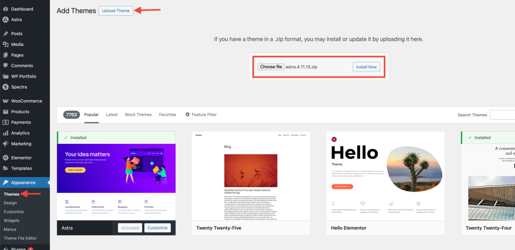Upload Astra theme file