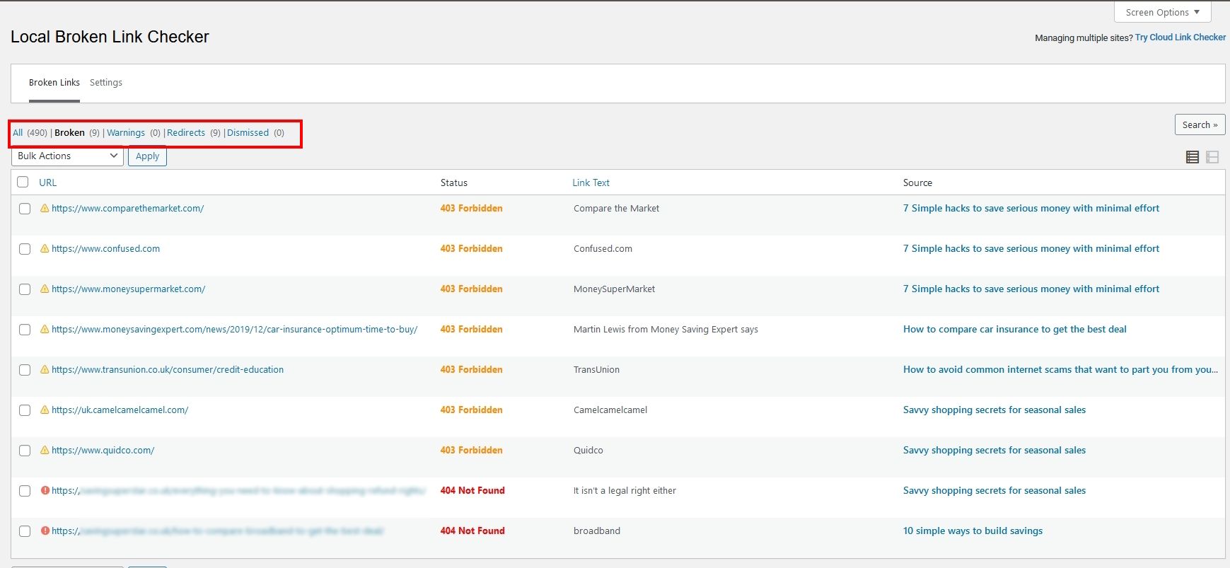 Broken, Warnings, Redirects or Dismissed.