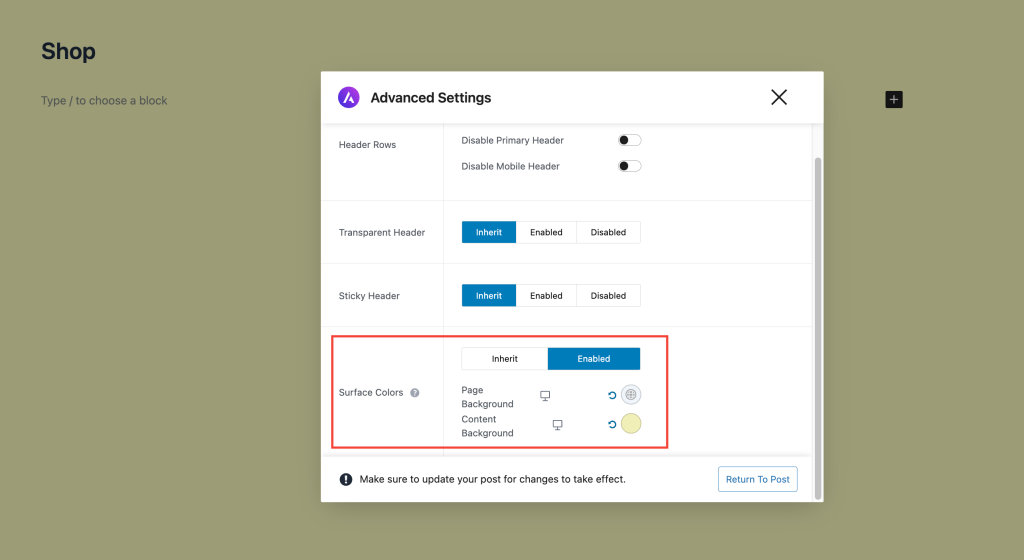 surface colors page settings