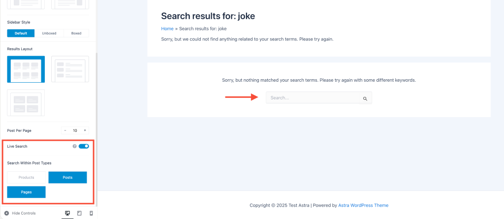 live search on search results page