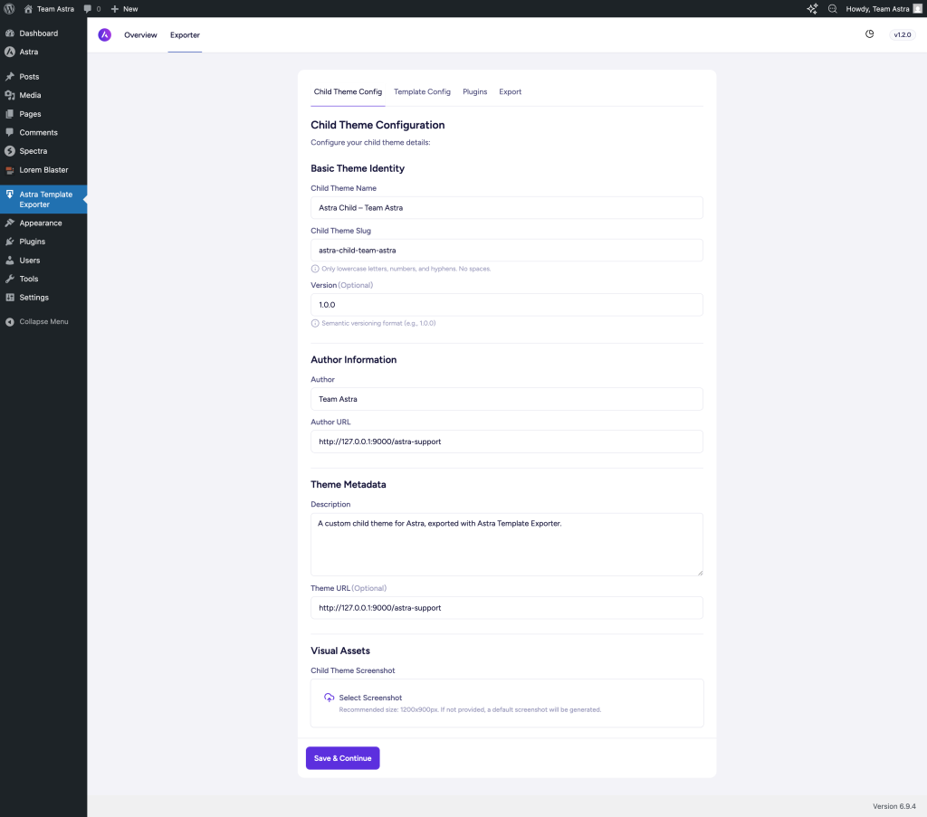 Configure Child Theme Settings Screen 1024x903