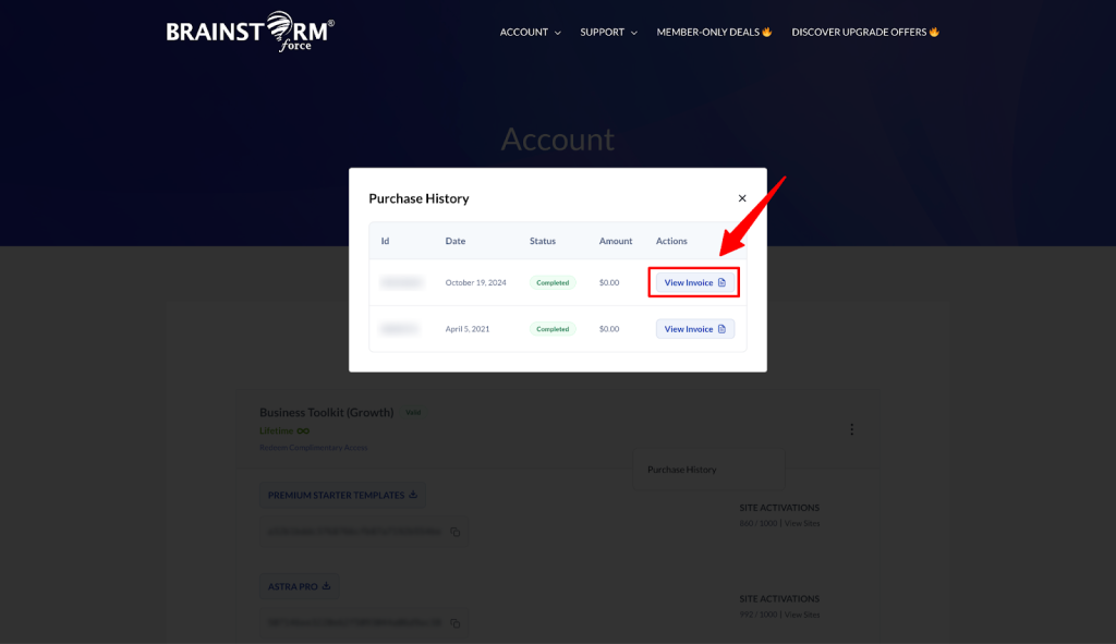 Purchase History View Invoice